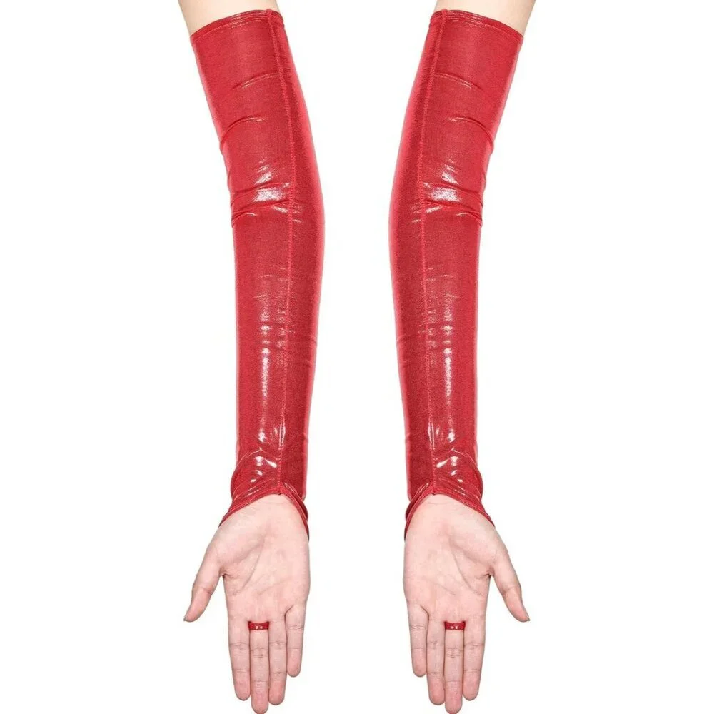 Women's Red Shiny Elastic Satin Rave Fingerless Long Gloves Party Costume